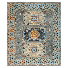 Alfombra anudada a mano de lana de diseño armenio inspirado en el Cáucaso, gris cadete 8'3" x 9'9"