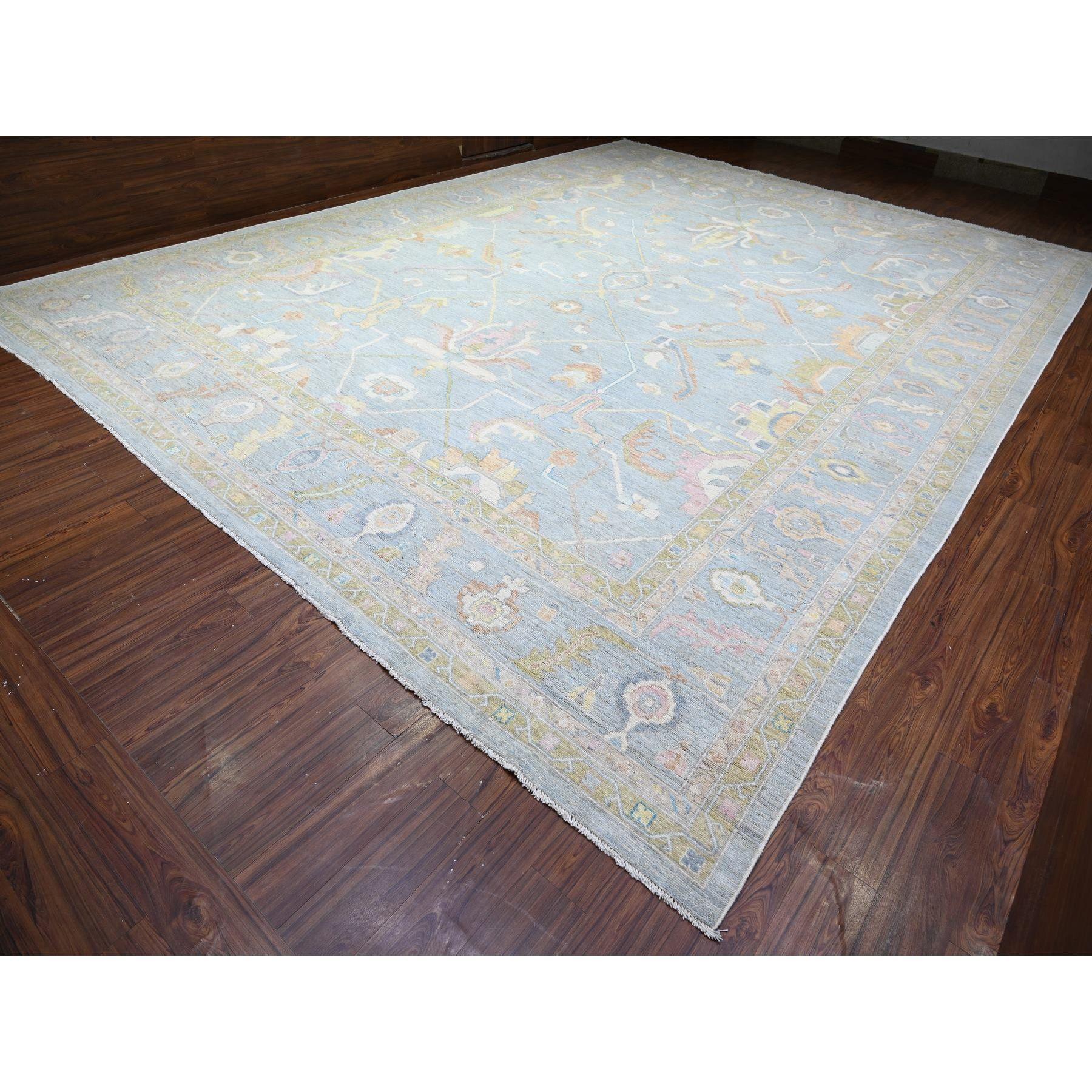 Indien Tapis d'Oushak surdimensionné en pure laine afghane angora gris Cadet noué à la main 14'0