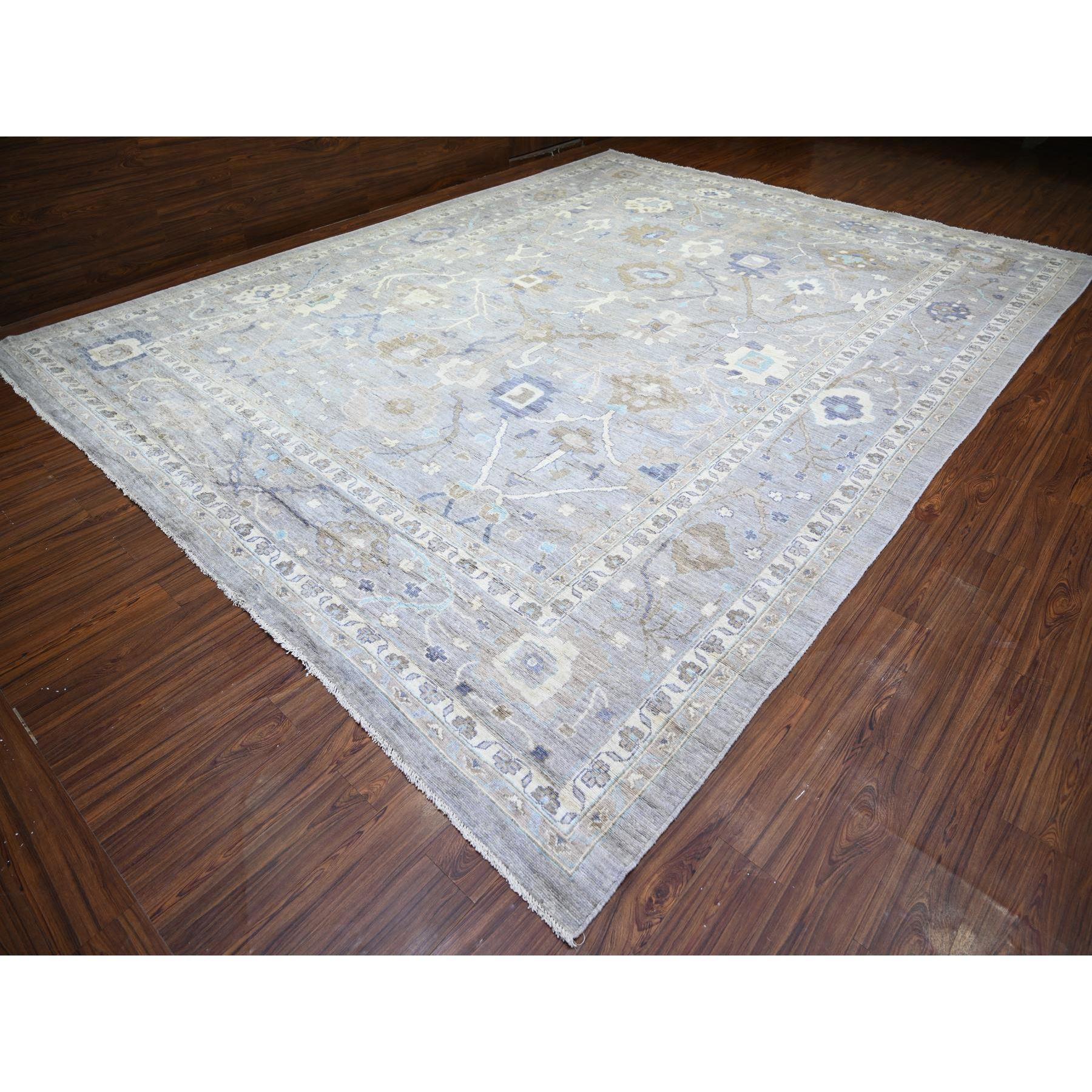 Noué à la main Tapis surdimensionné d'Oushak en laine douce afghane angora gris Cadet noué à la main 12' x 15'6