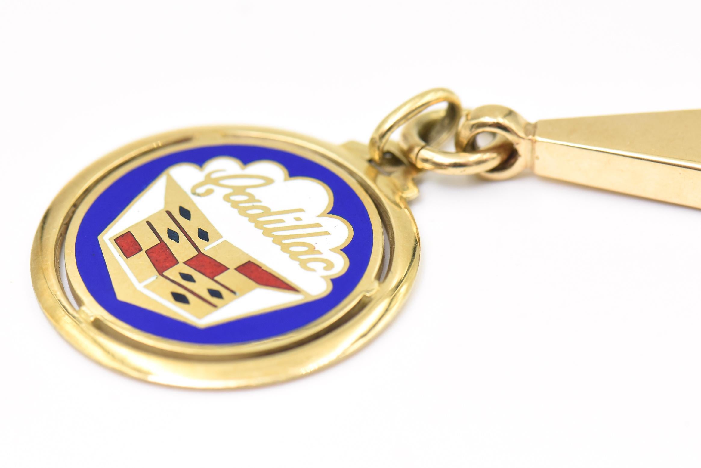 Cadillac Enamel Car Emblem 14k Gold Charm Pendant on Keyring Keychain For Sale 4