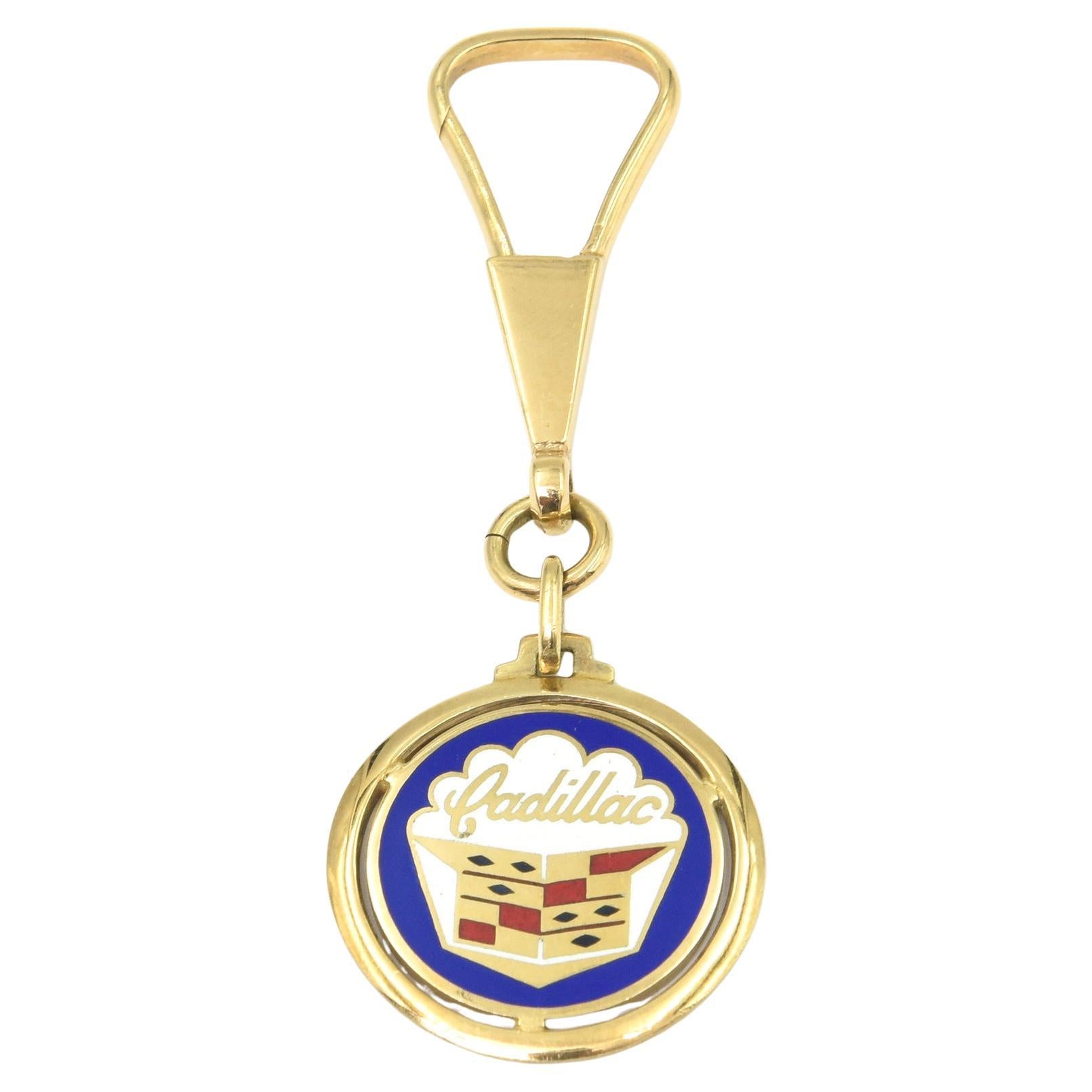 Cadillac Enamel Car Emblem 14k Gold Charm Pendant on Keyring Keychain For Sale