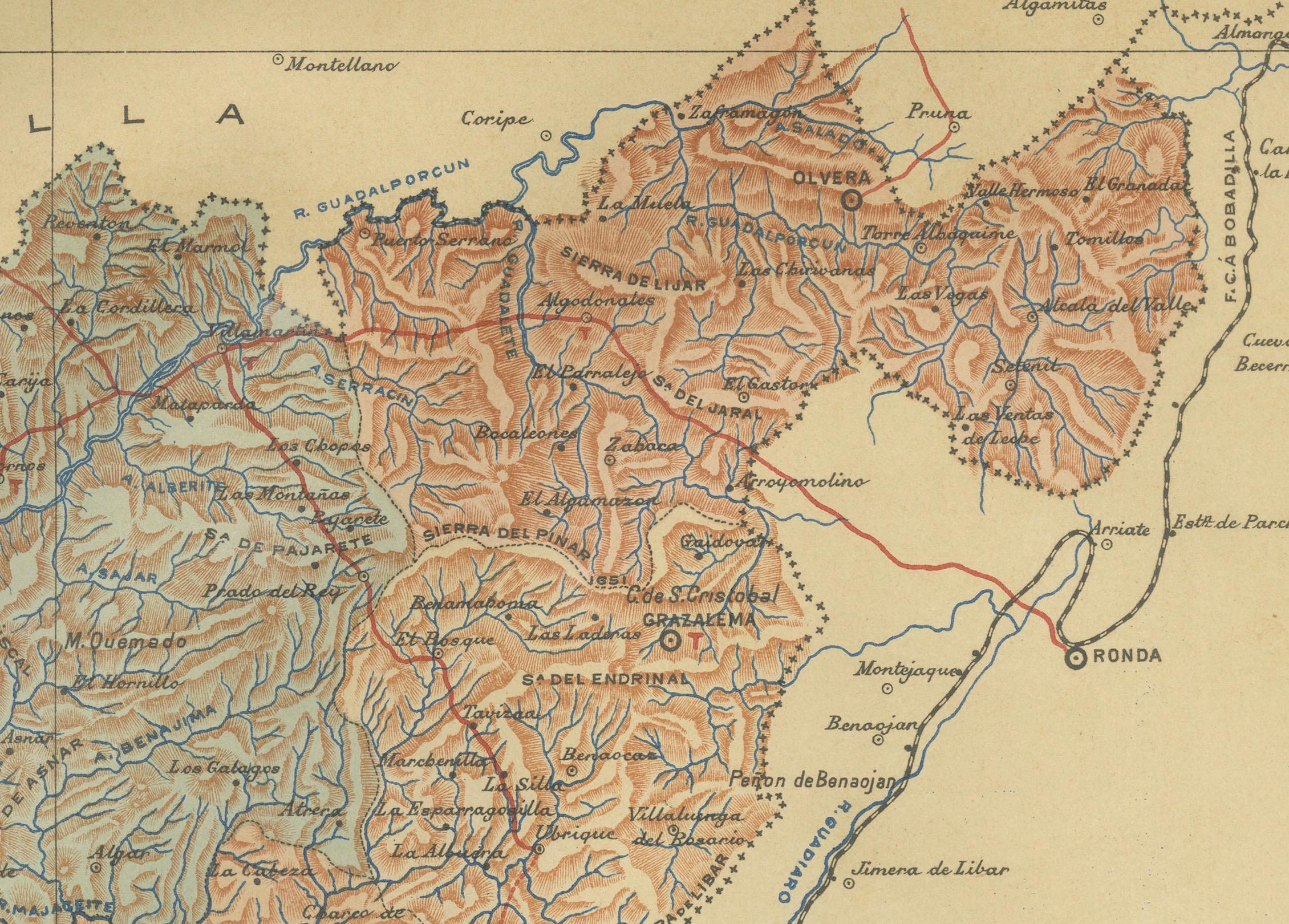 The map illustrates the province of Cádiz, located in the autonomous community of Andalusia, Spain, from the year 1901. It displays various geographic and man-made features:

The map depicts the varied landscape of Cádiz, including the mountainous