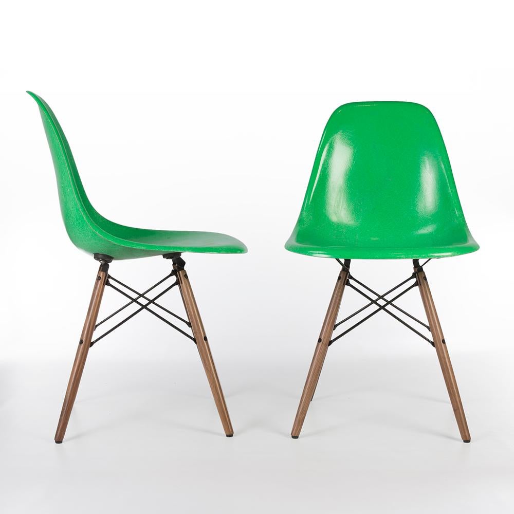 A pair of vibrant original cadmium green Eames DSW dining side chairs by Herman Miller are a great collectors piece. The bright, joyful color is in good vintage condition with little to no fading and the shells display no cracks or dents.
