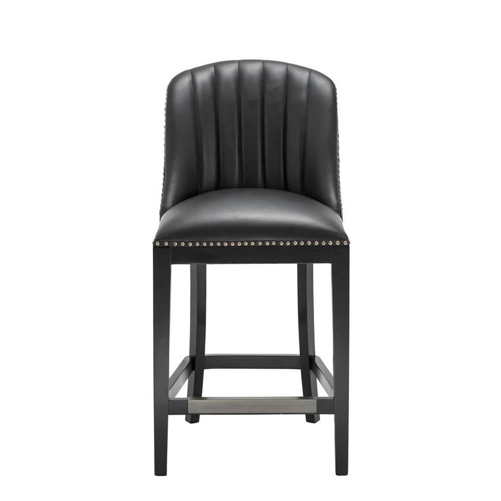 Bar stool Cadogan medium with structure in solid birch wood
in black finish. Upholstered with black style leather. Back seat
covered with black velvet. Nails and finishes in antique brass.

 