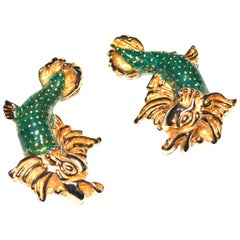 Vintage  Cadoro Green Enamel Fish Earrings 