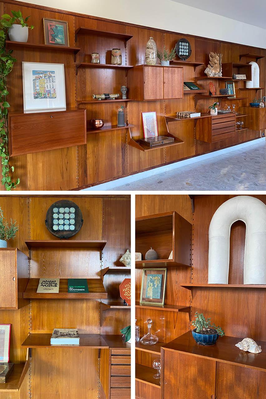Poul Cadovius teak bookcase composed of seven panels (H: 248 cm, W: 80 cm x 7). This wall unit made by Poul Cadovius, Scandinavian designer of the 1960s, includes 21 elements composed of several shelves and modules:

- 11 small shelves: (L: 81 cm