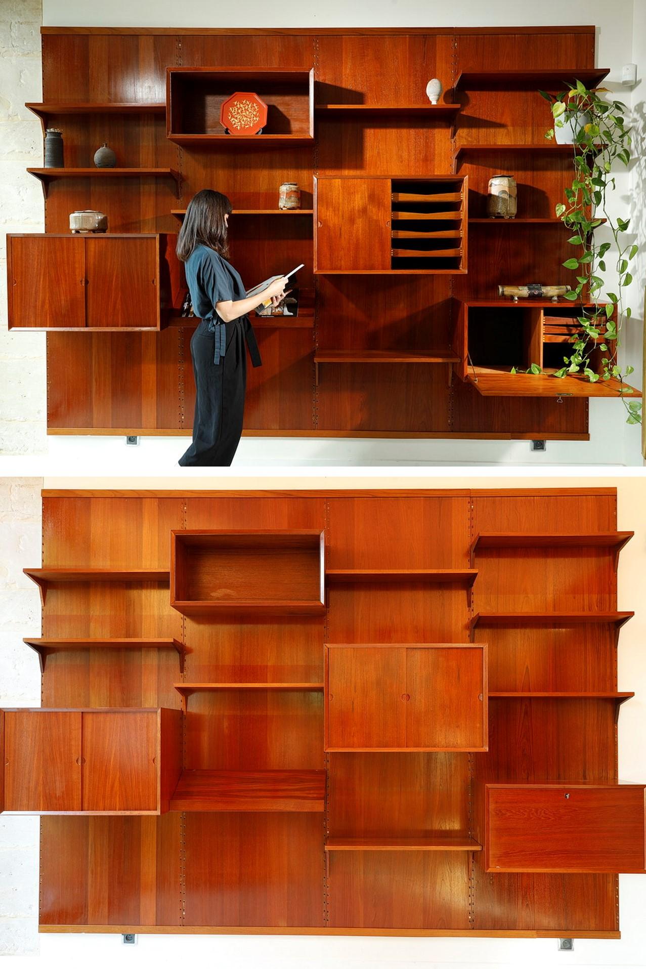Cadovius teak furniture composed of four panels (H: 241cm, L: 80cm x 4). This wall unit made by Poul Cadovius, Scandinavian designer of the 1960s, includes several shelves and boxes:

- 7 small shelves (W: 80 cm x D: 22 cm) and 1 large shelf (W: