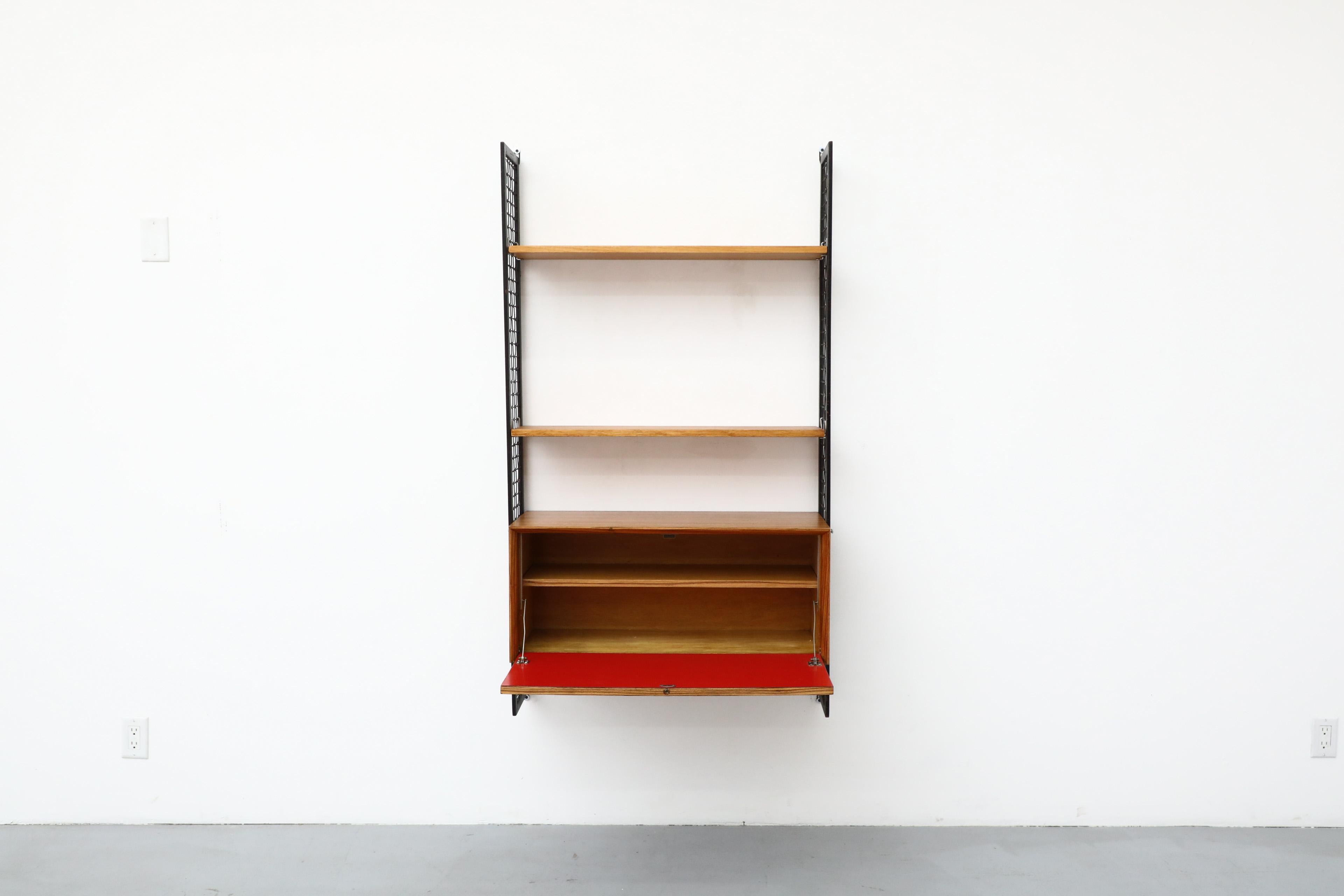 Danish Cadovius Style Mixed Wood Wall Unit with Black Enameled Metal Grid Risers