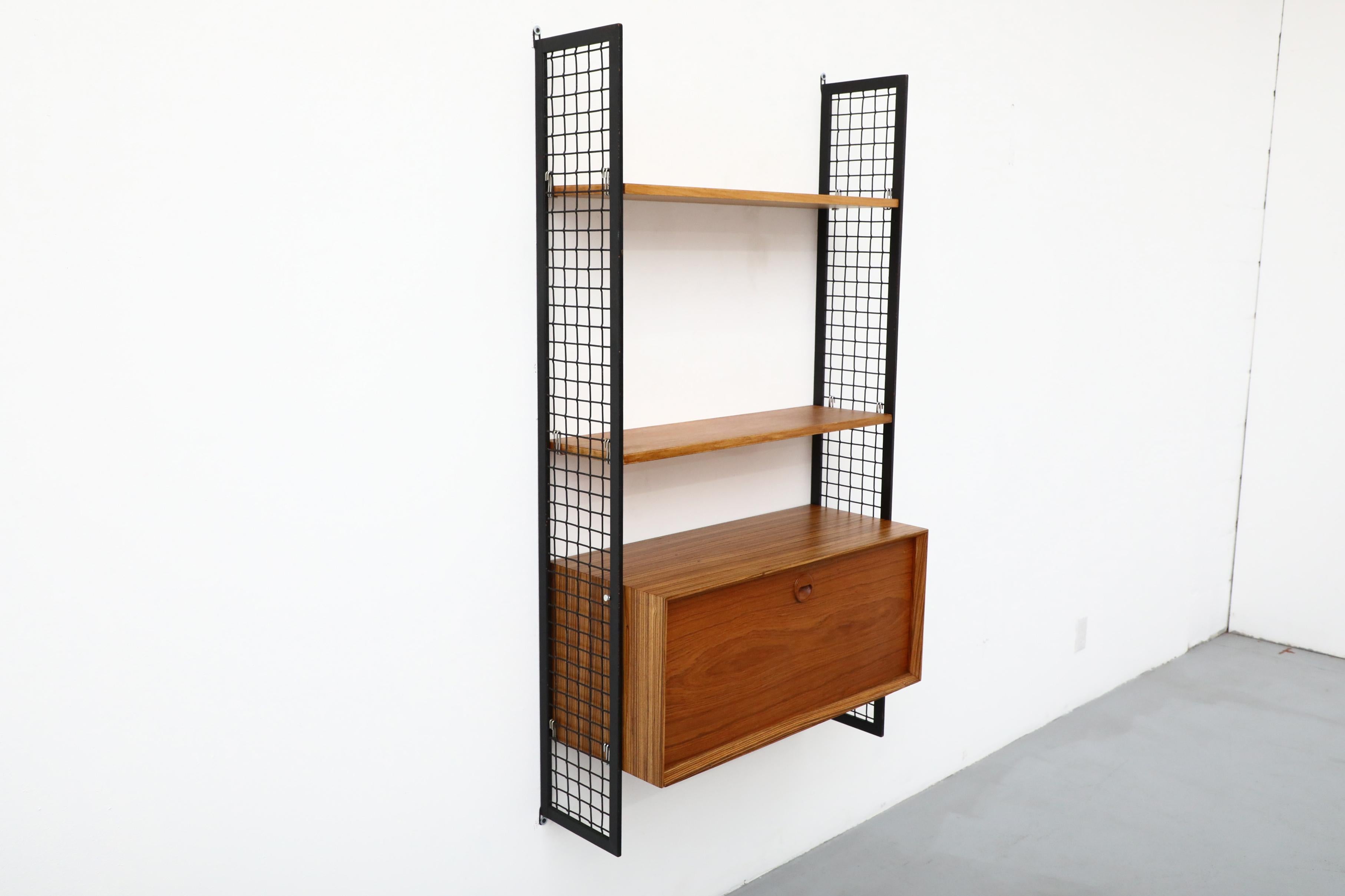 Cadovius Style Mixed Wood Wall Unit with Black Enameled Metal Grid Risers 1