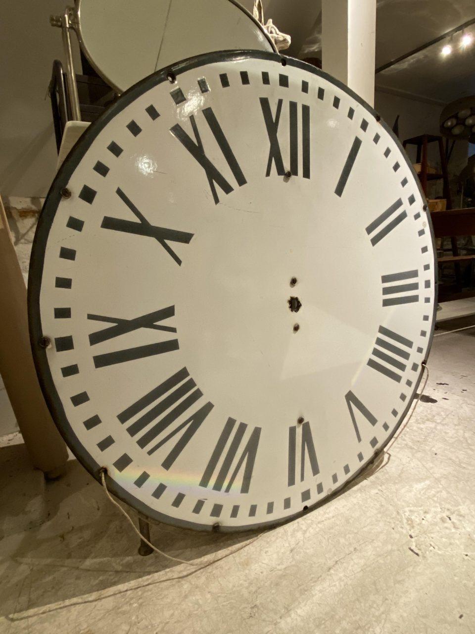 Enormous vintage French ‘CADRAN’ clock face. Originally from a church or town hall tower. Wonderful black enamel numerals on a white face. A super wall decoration.