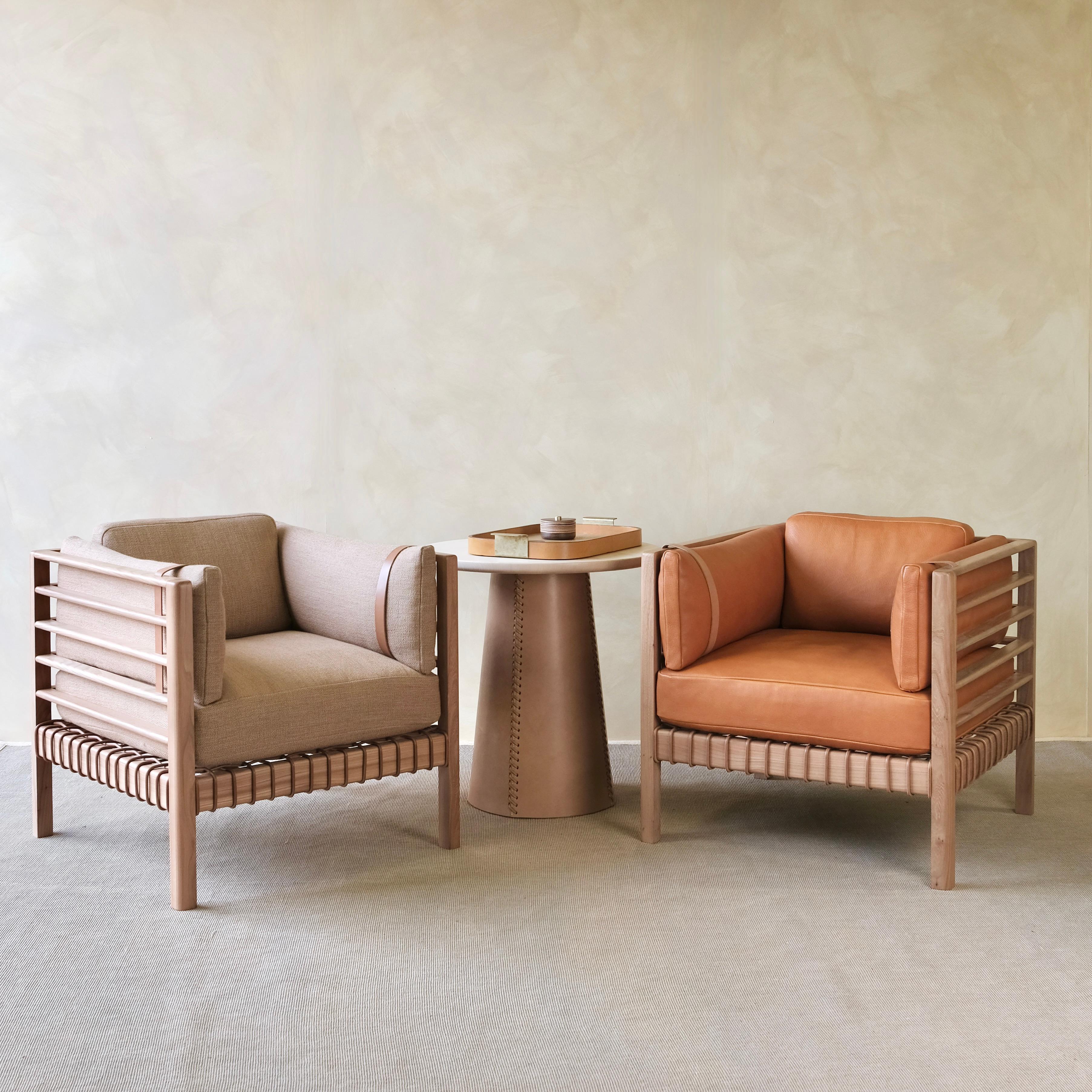 Contemporary Cadre Club chair in Elm and tan and woven leather For Sale