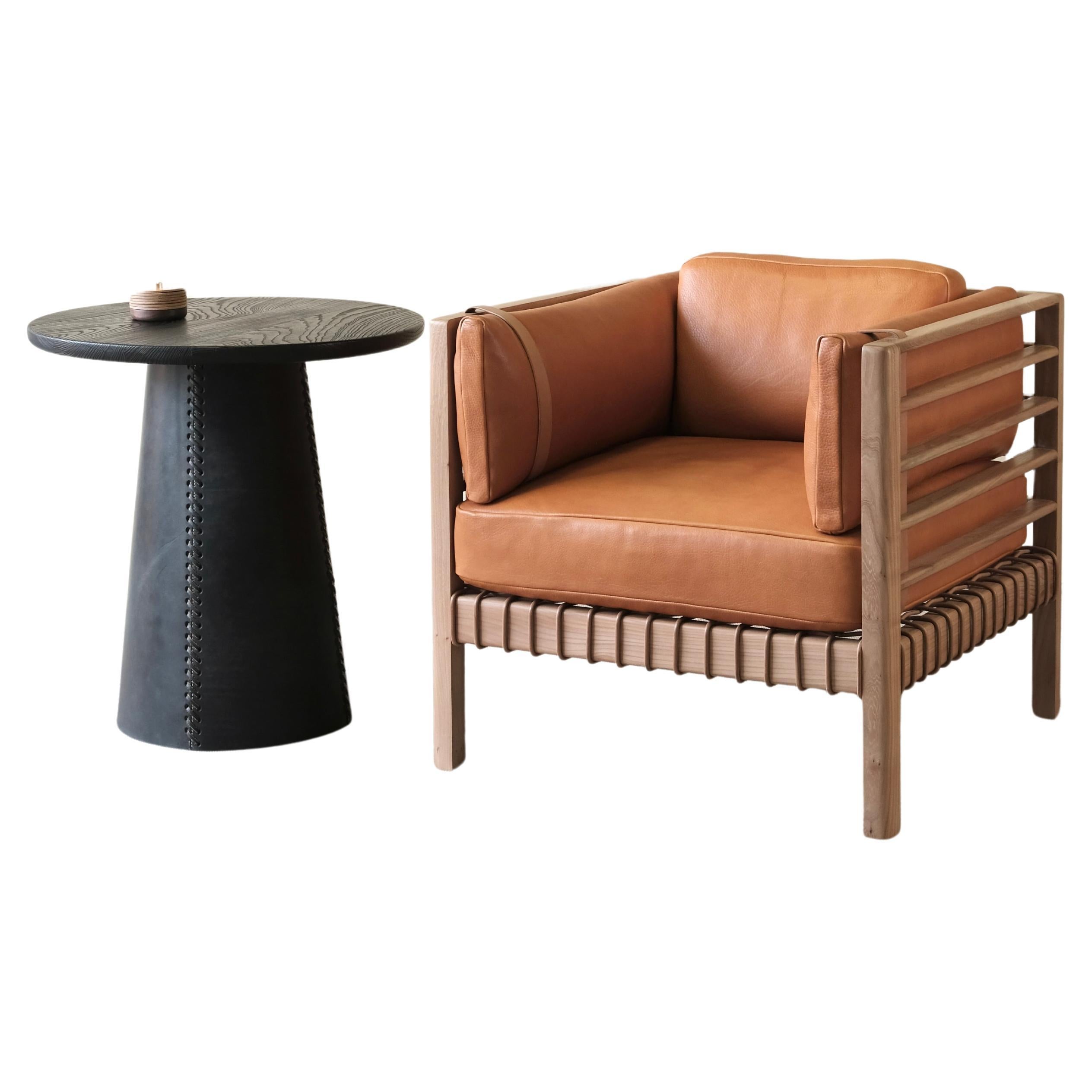 Cadre Club chair in Elm and tan and woven leather For Sale