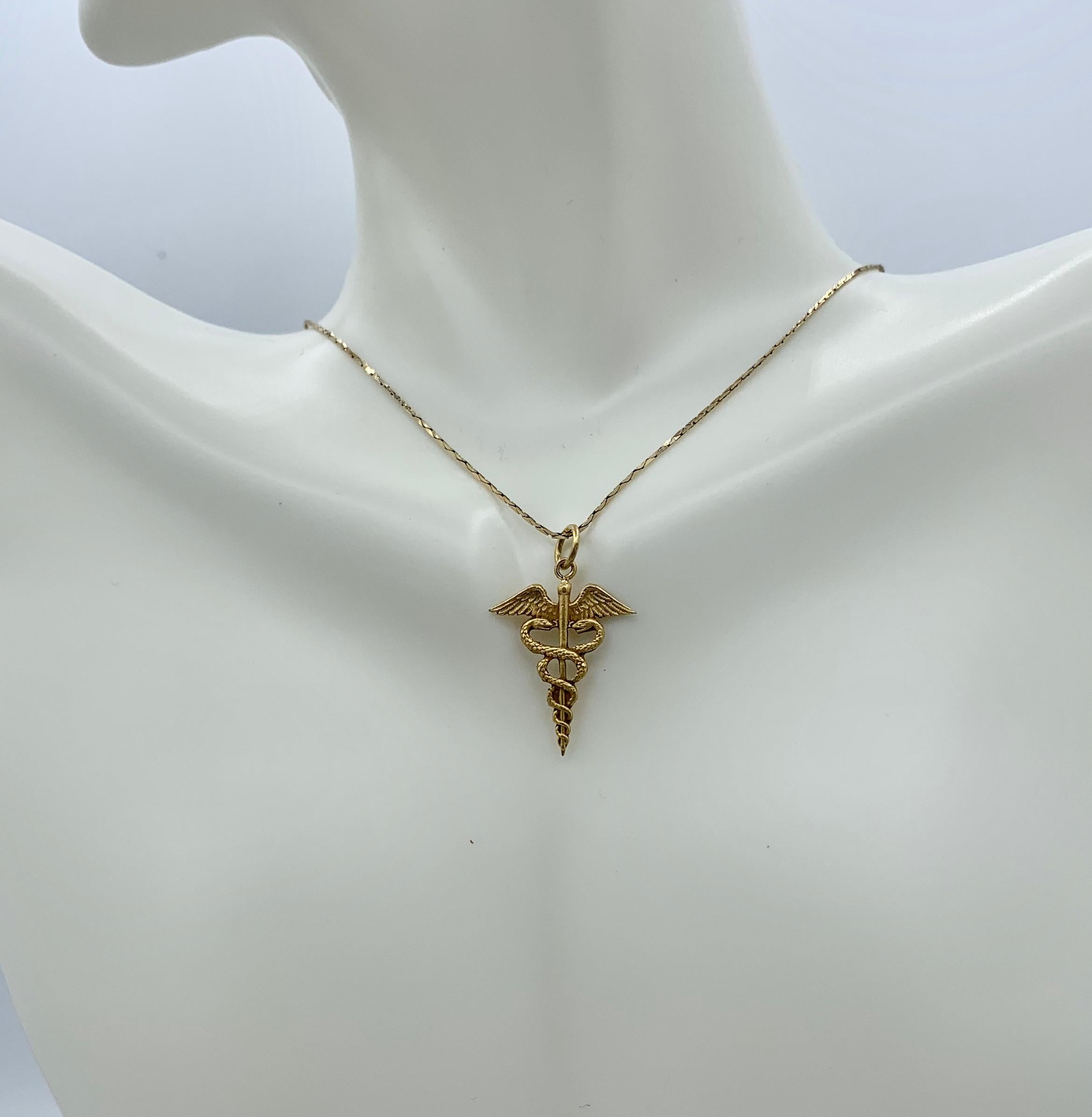Art Deco Caduceus Snake Pendant Necklace Gold Medicine Doctor Hermes Peace Antique For Sale