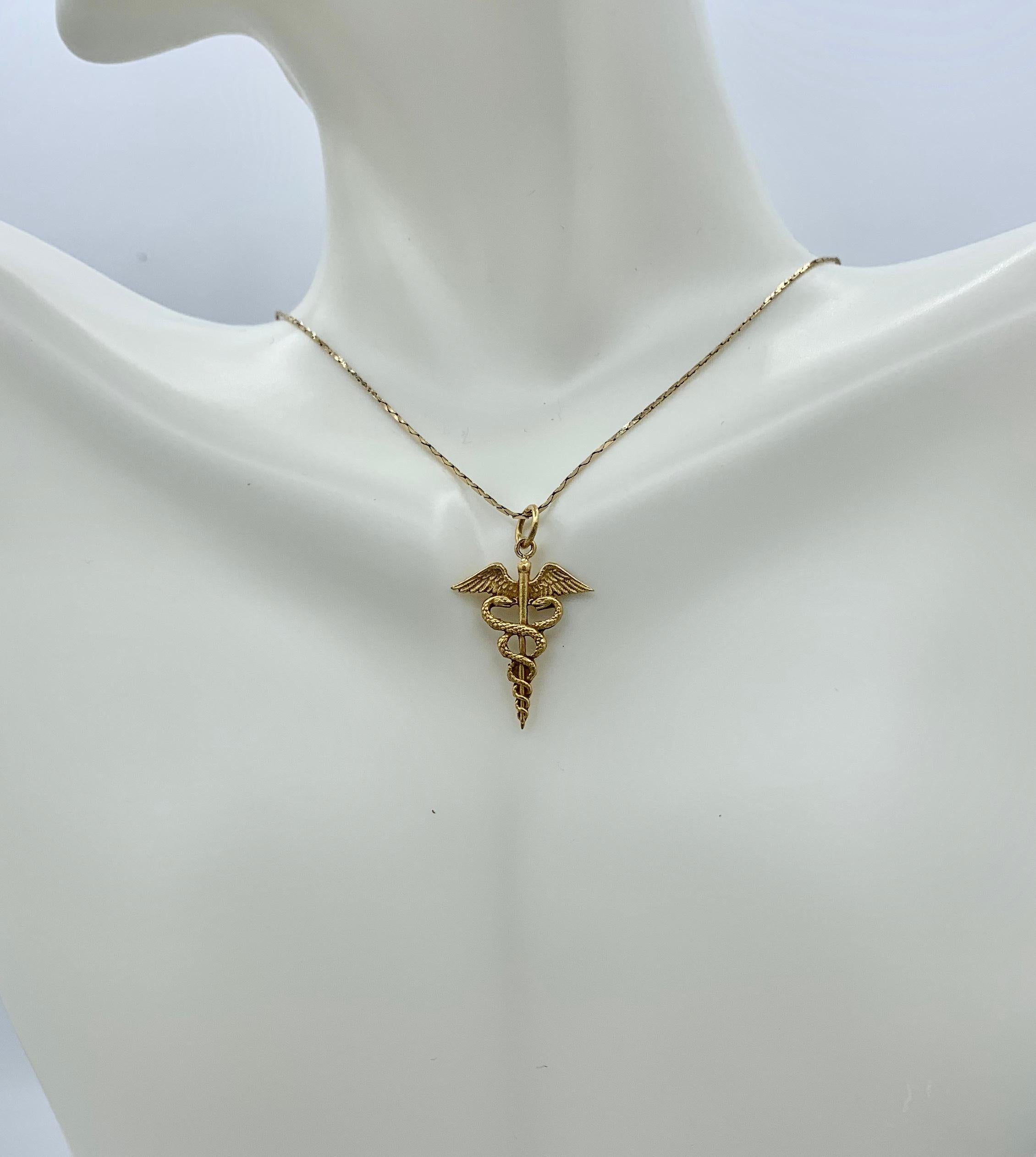 Women's or Men's Caduceus Snake Pendant Necklace Gold Medicine Doctor Hermes Peace Antique For Sale