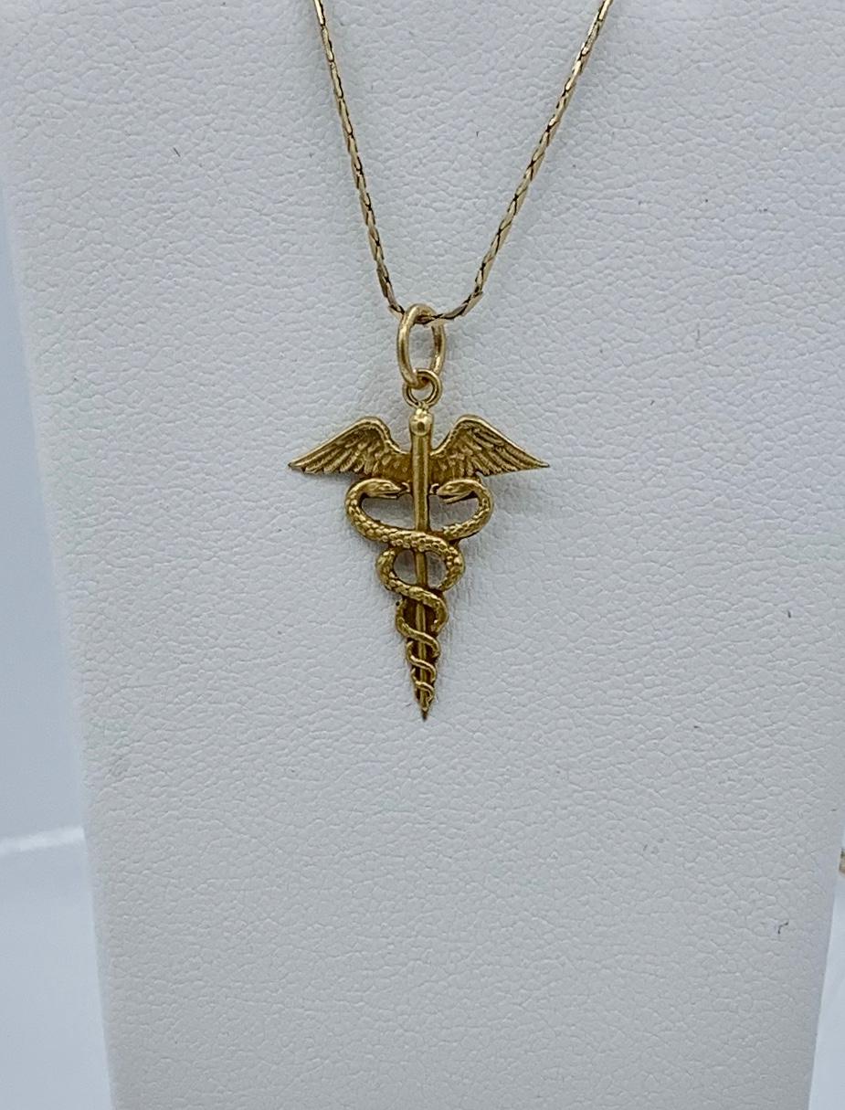 Caduceus Snake Pendant Necklace Gold Medicine Doctor Hermes Peace Antique For Sale 2