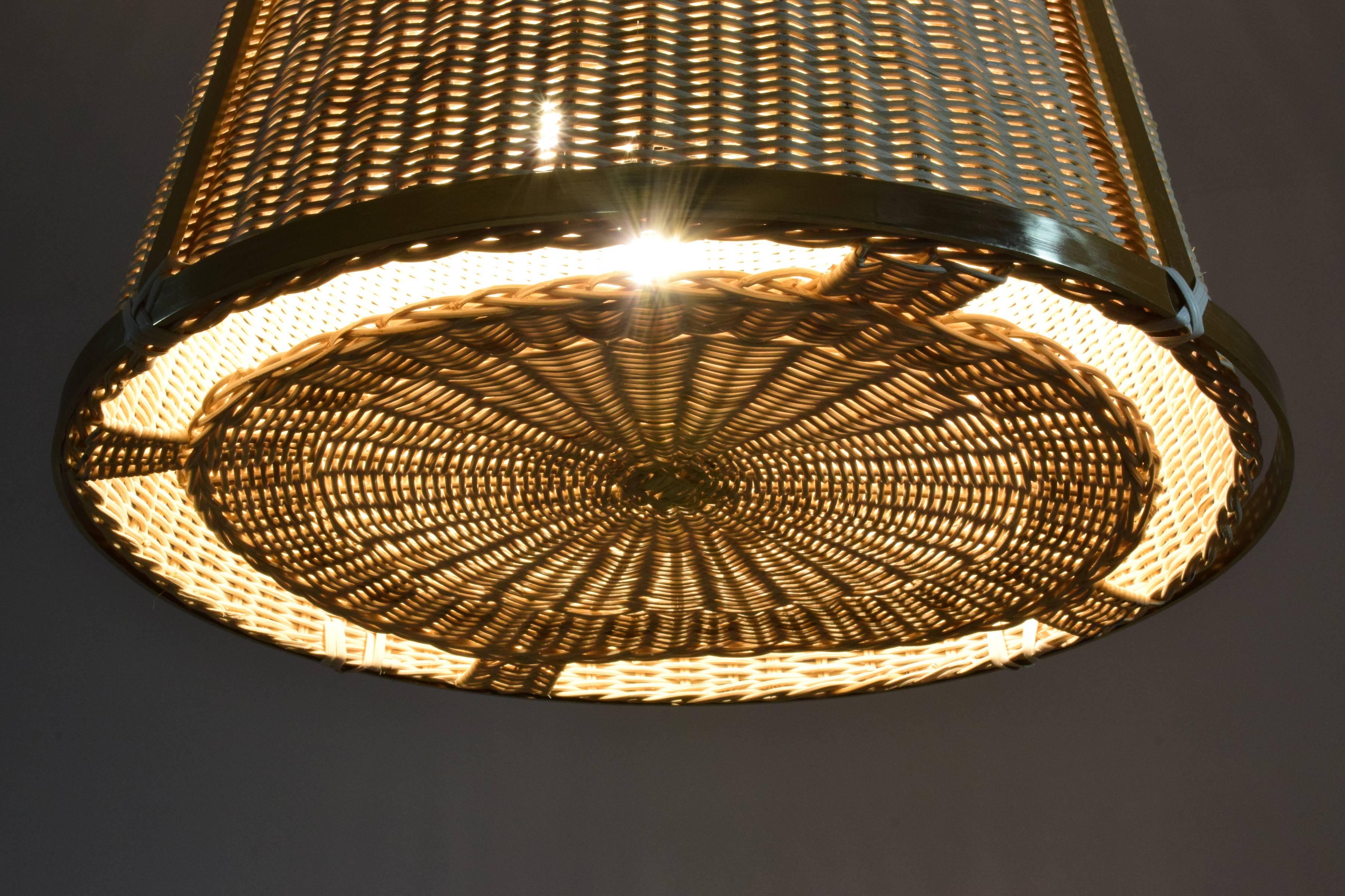 Hand-Woven Caeli-S Handcrafted Brass Rattan Pendant Light Fixture, Flow Collection For Sale