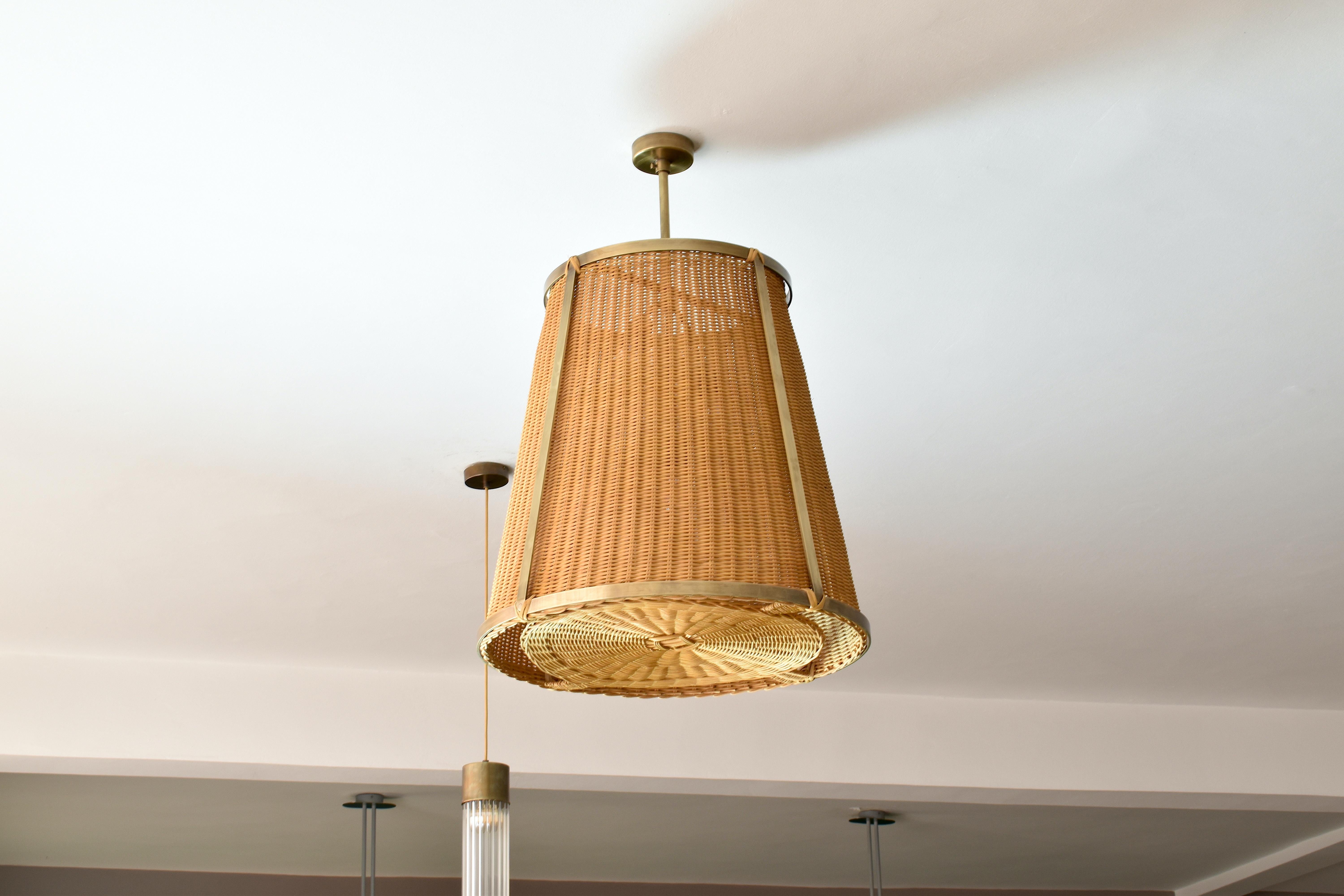 Hand-Woven Caeli-SD Handcrafted Brass Rattan Pendant Light Fixture, Flow Collection For Sale