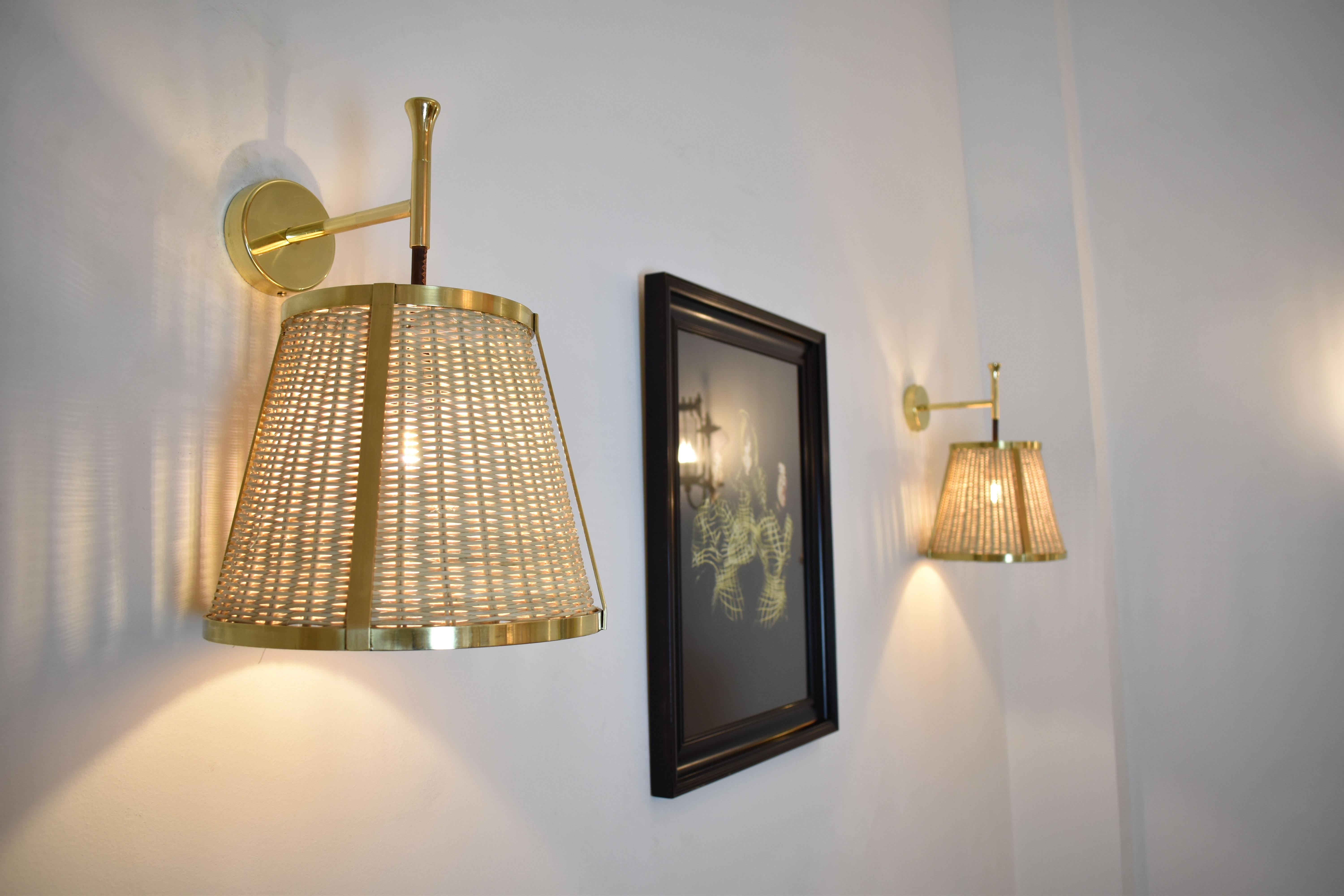 Portuguese Caeli-W4 Brass and Rattan Sconce, Jas For Sale