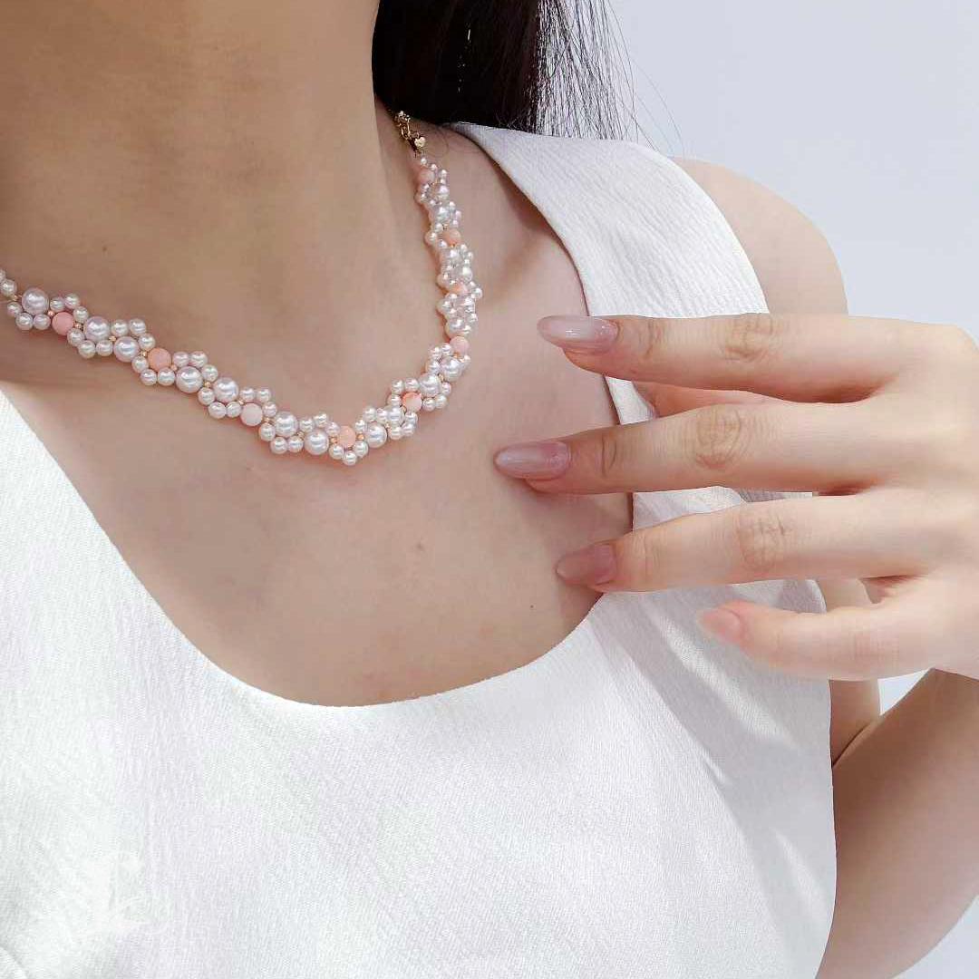 Uncut 【Caelmare】 Aurora Baby Akoya Pearl & Momo Coral Necklace For Sale