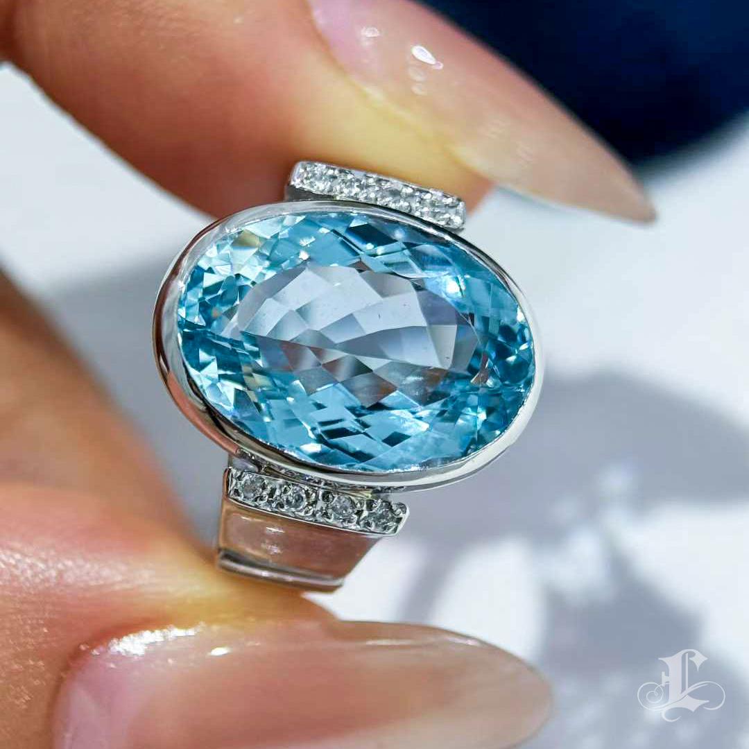 【Caelmare】7.83ct Aquamarin & Diamant Schwerer Platin Ring im Angebot 1