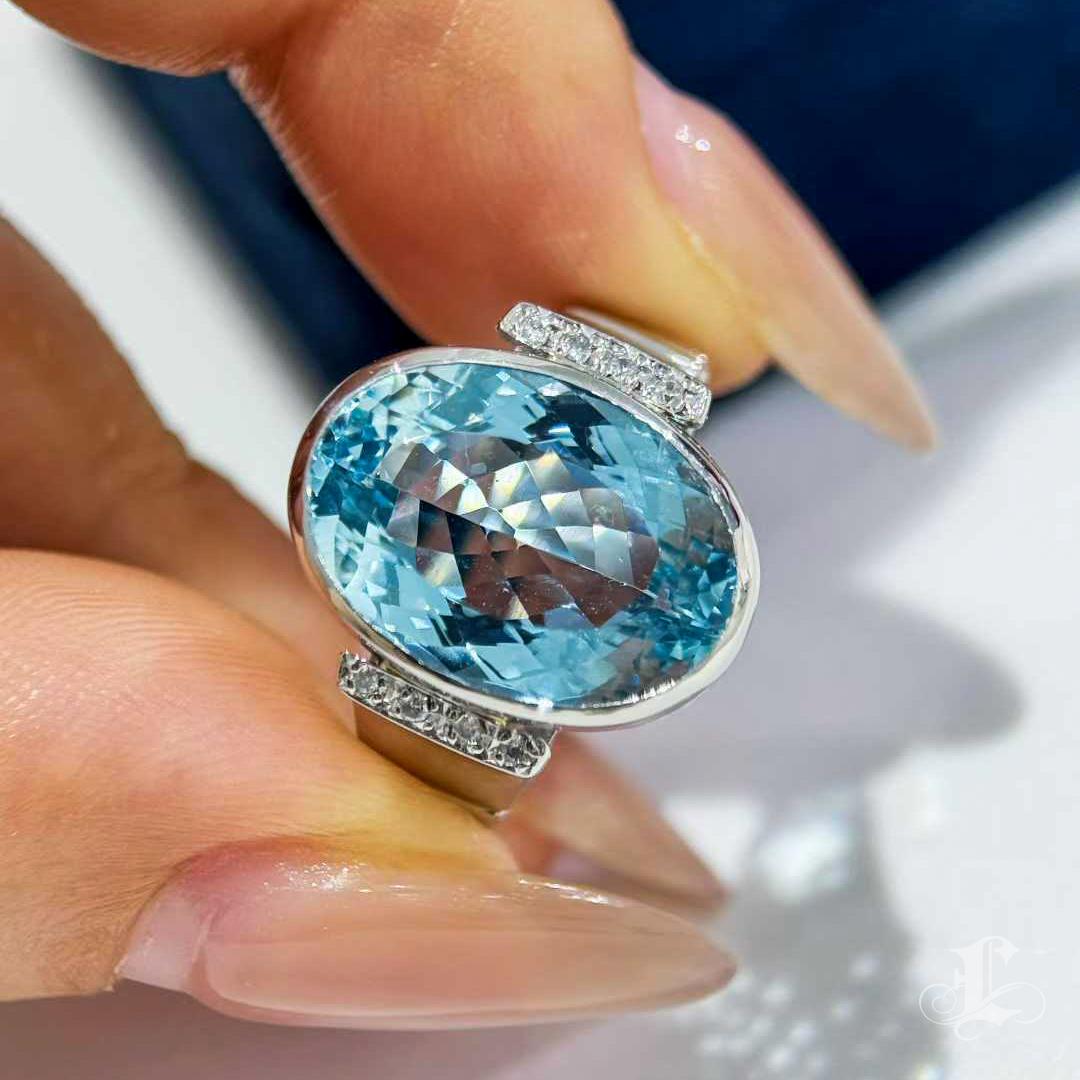 【Caelmare】7.83ct Aquamarin & Diamant Schwerer Platin Ring im Angebot 2