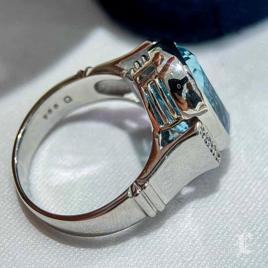 【Caelmare】7.83ct Aquamarin & Diamant Schwerer Platin Ring im Angebot 4