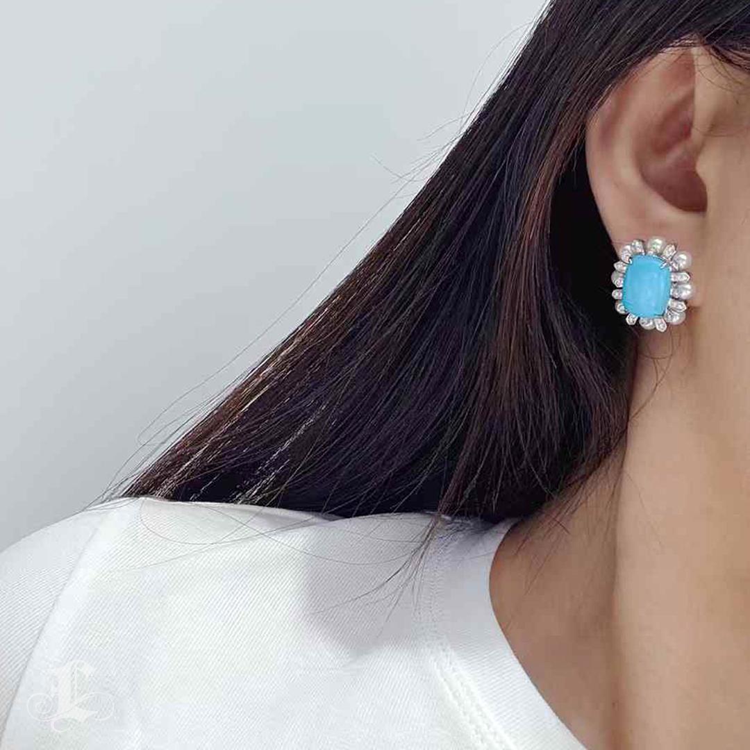Non taillé 【Caelmare】8.3ct Natural Turquoise, Diamond & Baby Akoya Pearl Halo Earrings en vente