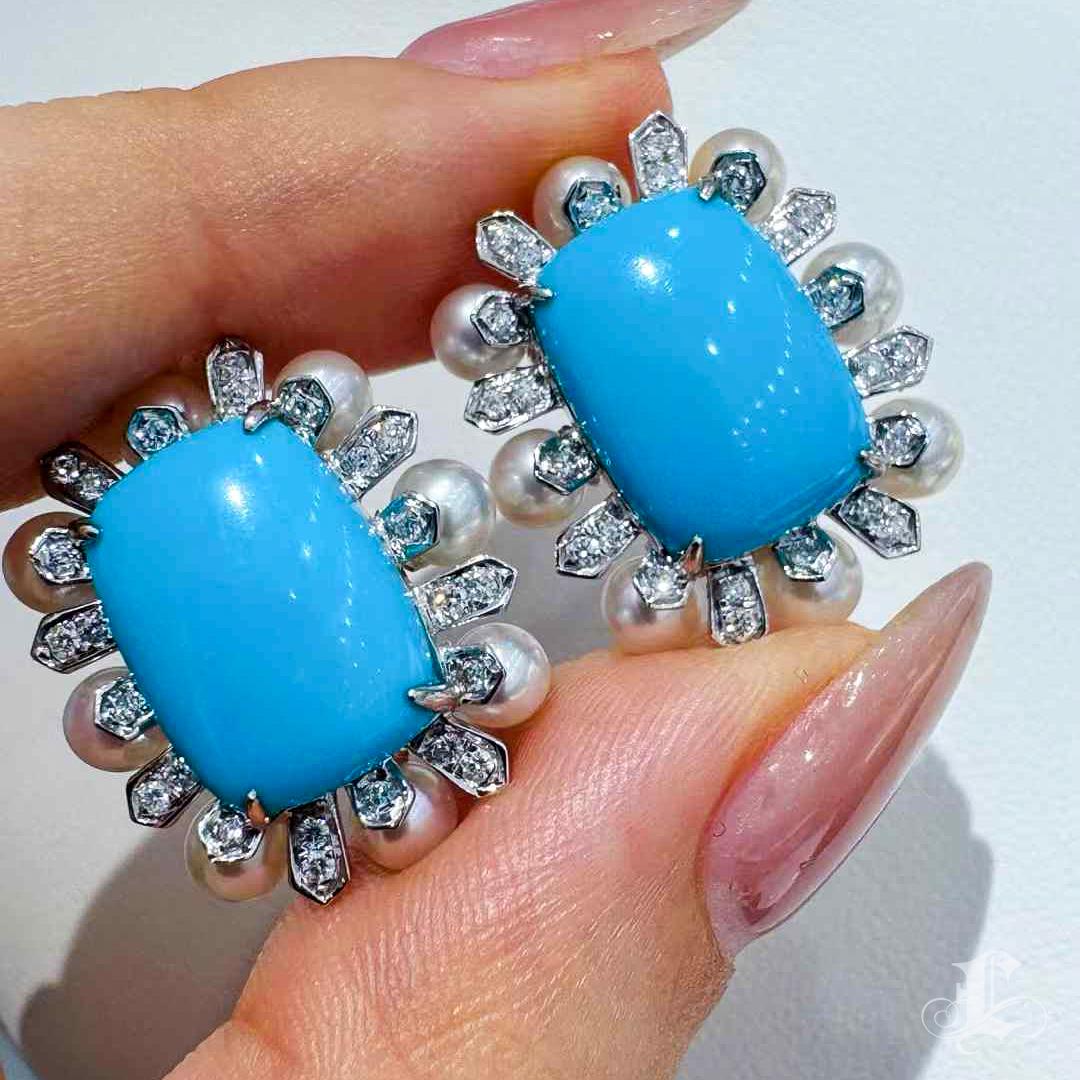 【Caelmare】8.3ct Natural Turquoise, Diamond & Baby Akoya Pearl Halo Earrings Neuf - En vente à New York, NY