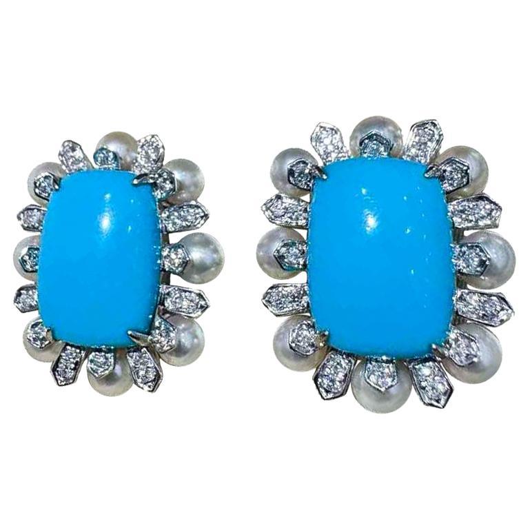 【Caelmare】8.3ct Natural Turquoise, Diamond & Baby Akoya Pearl Halo Earrings en vente