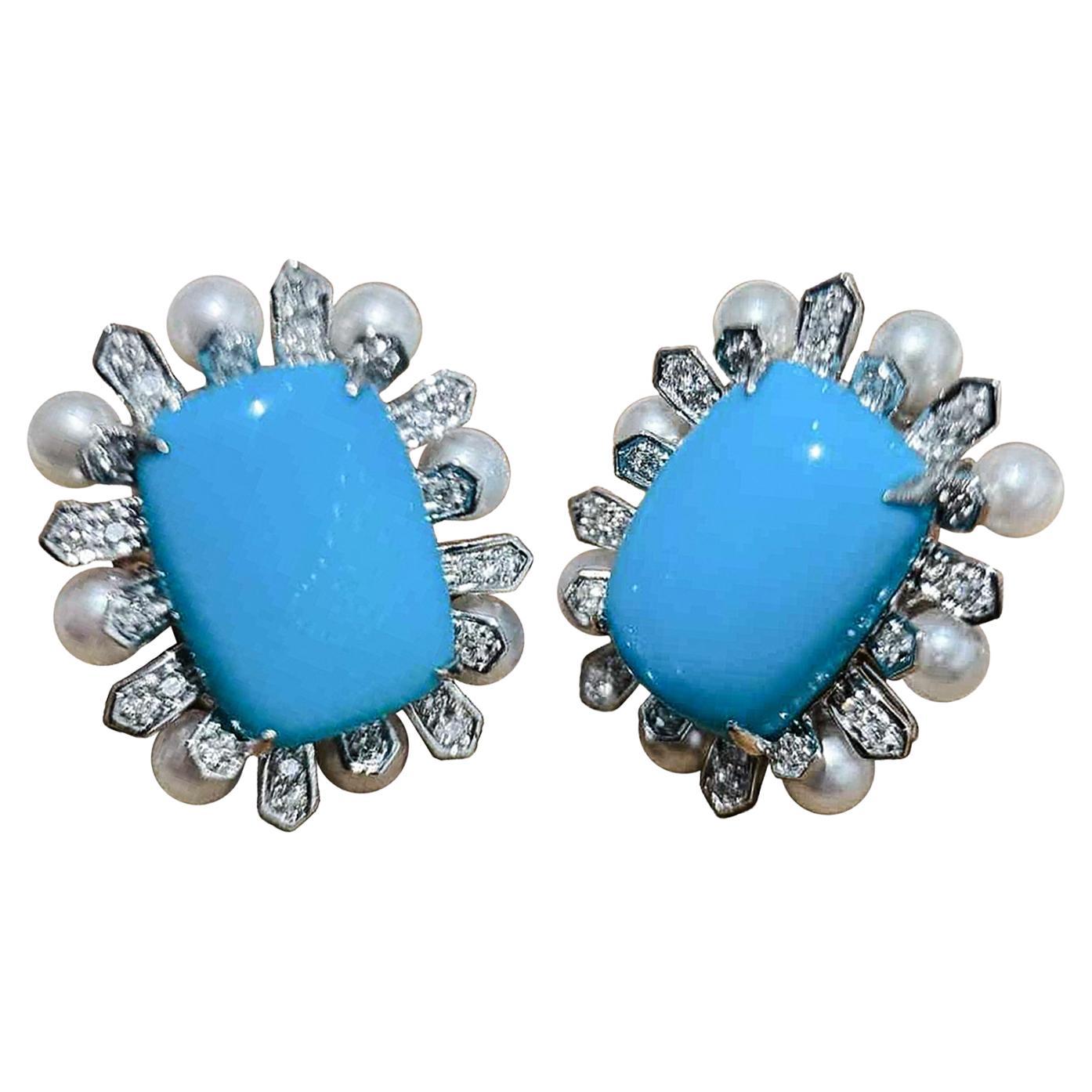 Orecchini a cerchio con turchese naturale, diamanti e perle Akoya 8,3 carati