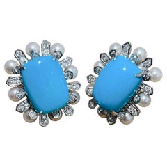【Caelmare】8.3ct Natural Turquoise, Diamond 
Baby Akoya Pearl Halo Earrings