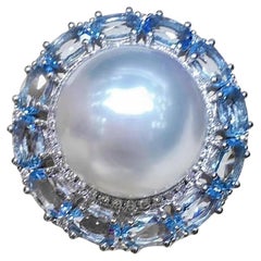 【Caelmare】Aquamarine Halo South Sea Pearl & Diamond Ring, 18k White Gold