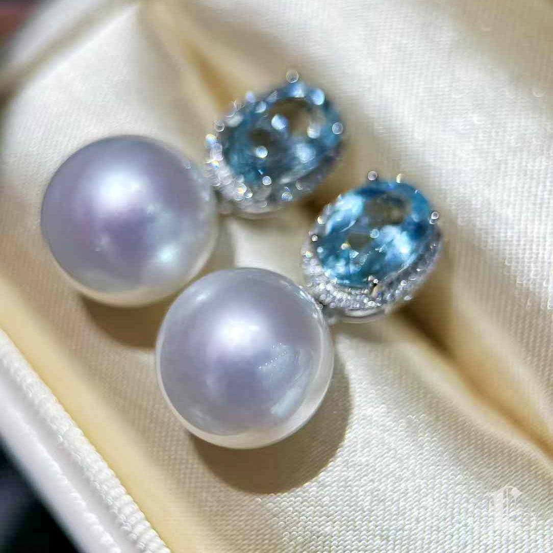【Caelmare】Aurora South Sea Pearl & Aquamarine Convertible Earrings en vente 1