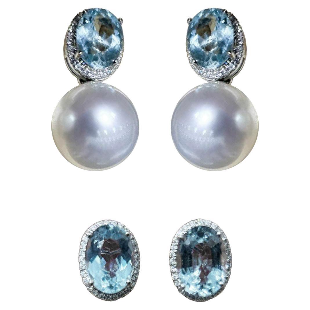 【Caelmare】Aurora South Sea Pearl & Aquamarine Convertible Earrings