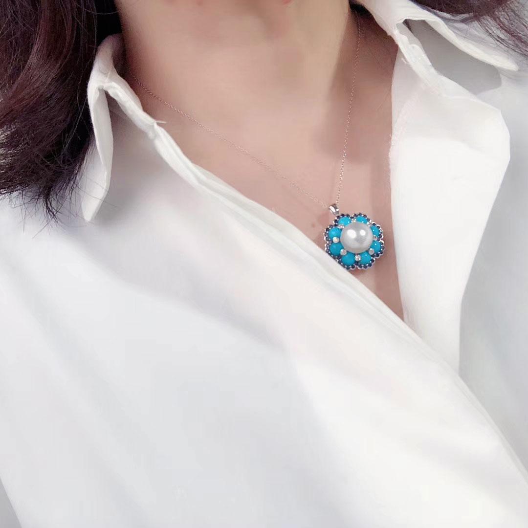 【Caelmare】Azure Bloom 11–12mm South Sea Pearl Turquoise Sapphire Ring Pend For Sale 5