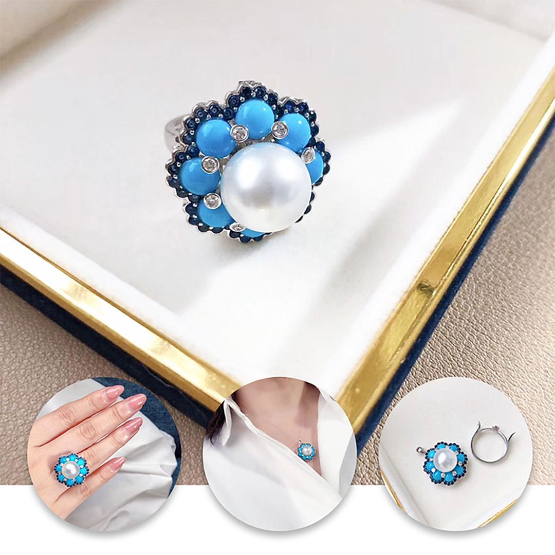 Uncut 【Caelmare】Azure Bloom 11–12mm South Sea Pearl Turquoise Sapphire Ring Pend For Sale