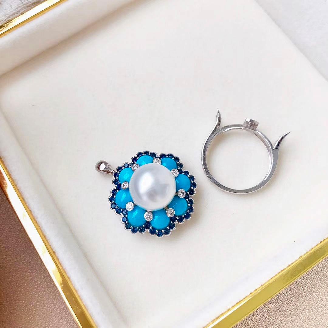 【Caelmare】Azure Bloom 11–12mm South Sea Pearl Turquoise Sapphire Ring Pend In New Condition For Sale In New York, NY