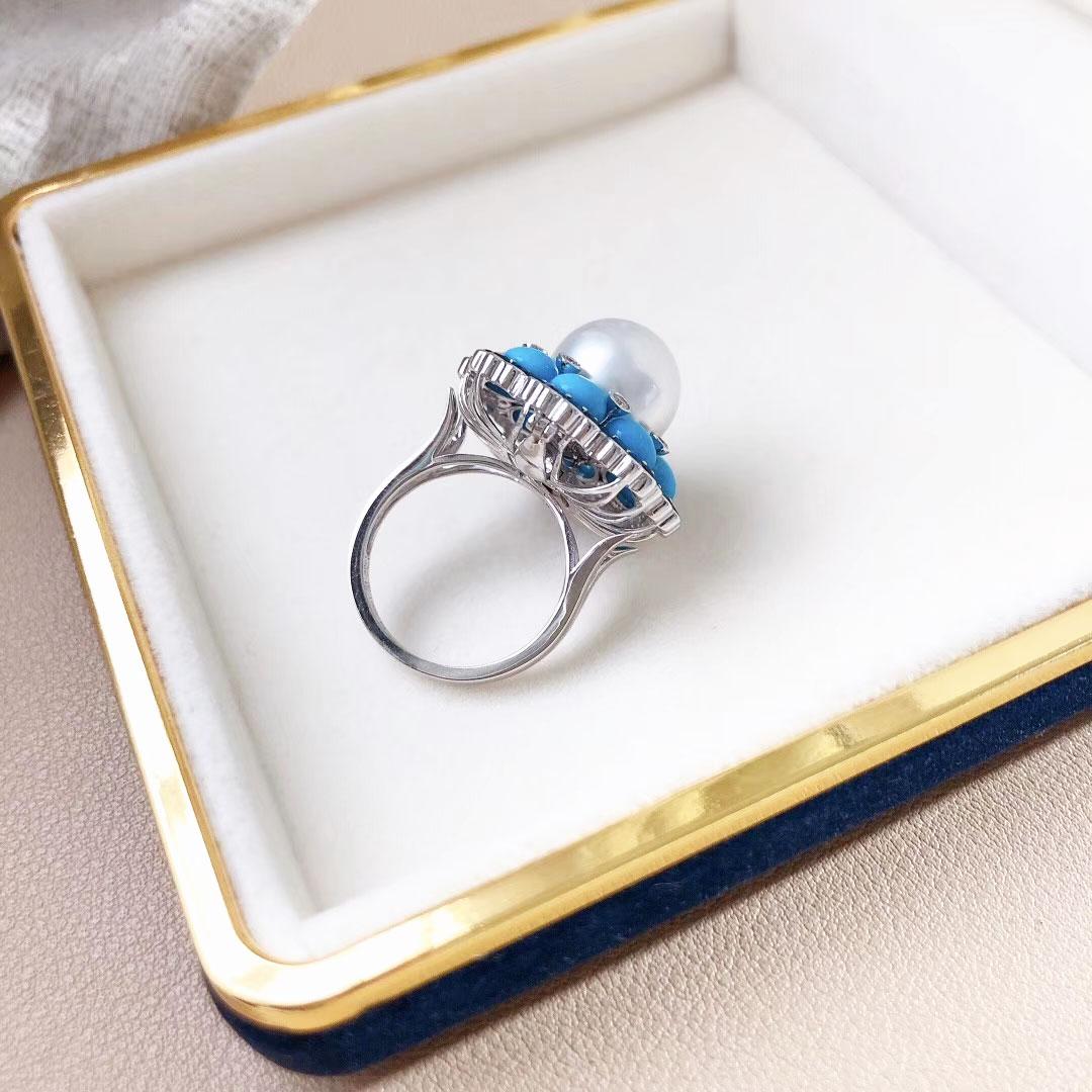 【Caelmare】Azure Bloom 11–12mm South Sea Pearl Turquoise Sapphire Ring Pend For Sale 3