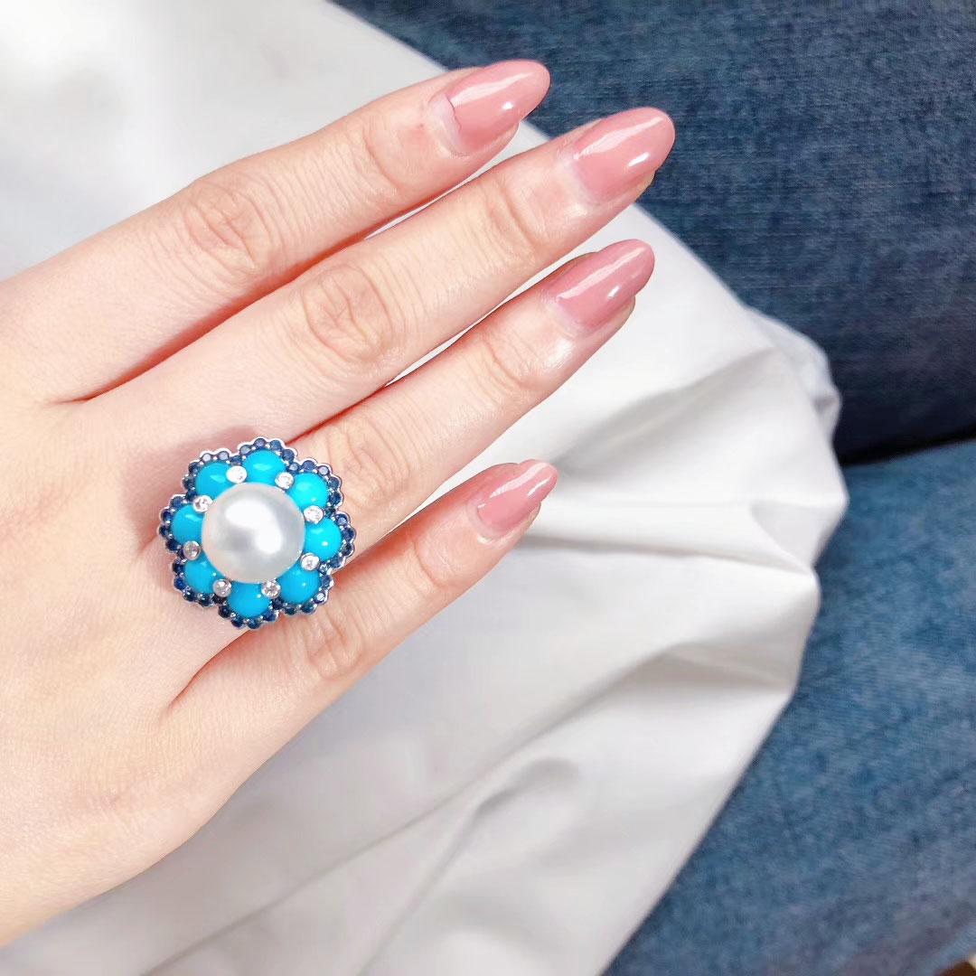 【Caelmare】Azure Bloom 11–12mm South Sea Pearl Turquoise Sapphire Ring Pend For Sale 4