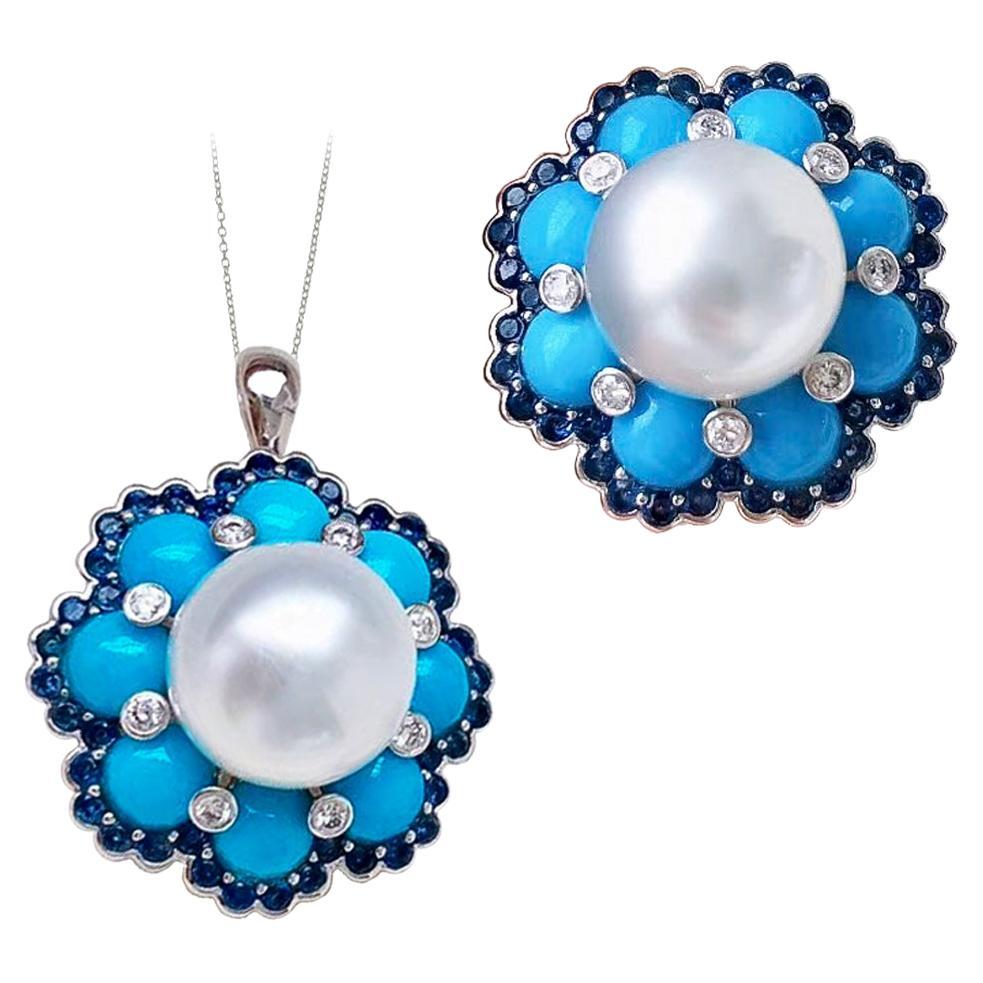 【Caelmare】Azure Bloom 11–12mm South Sea Pearl Turquoise Sapphire Ring Pend For Sale