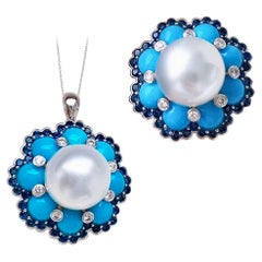 【Caelmare】Azure Bloom 11–12mm South Sea Pearl Turquoise Sapphire Ring Pend