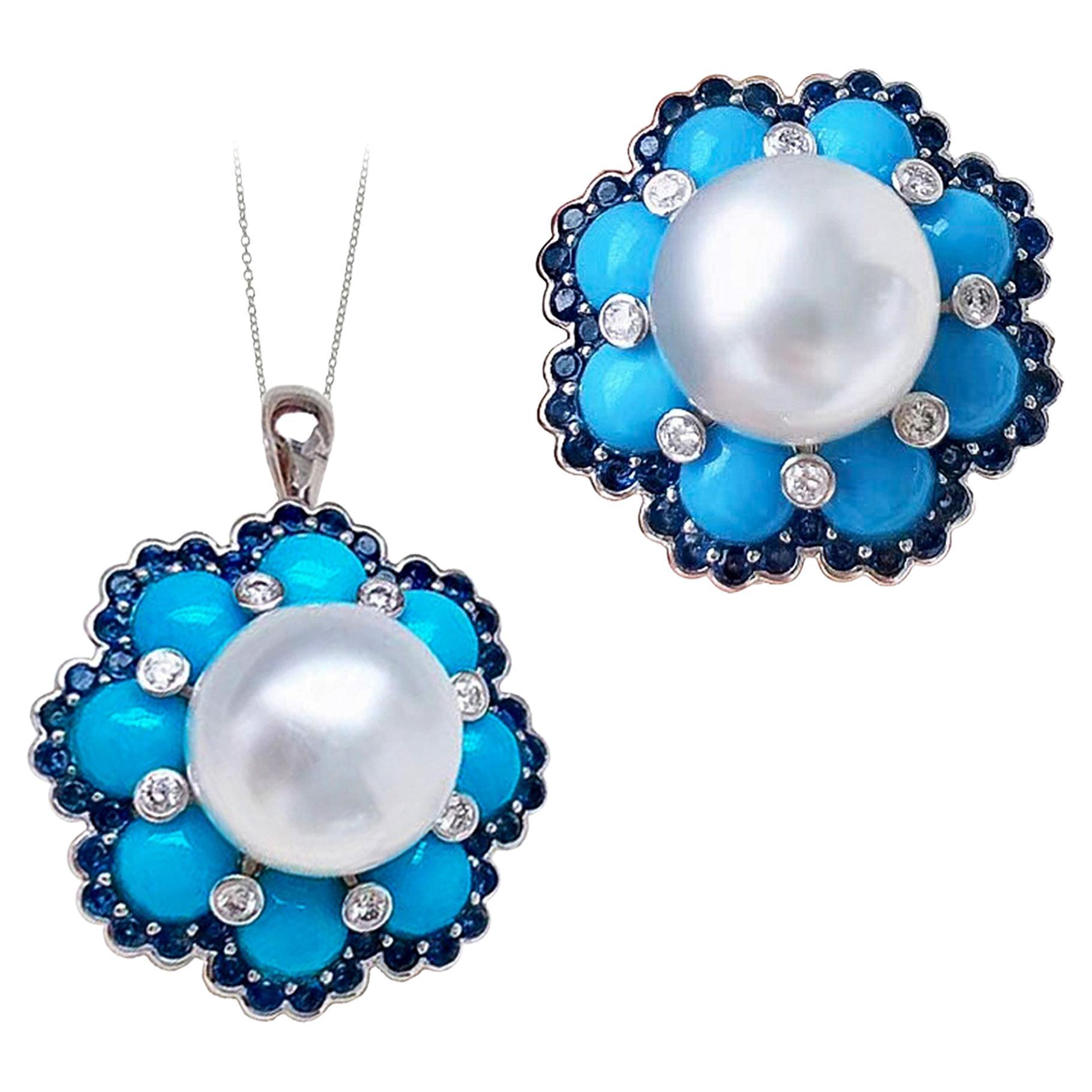 【Caelmare】Azure Bloom 11–12mm South Sea Pearl Turquoise Sapphire Ring Pend For Sale