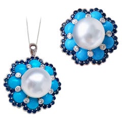 【Caelmare】Azure Bloom 11-12mm Südsee Perle Türkis Saphir Ring Anhänger
