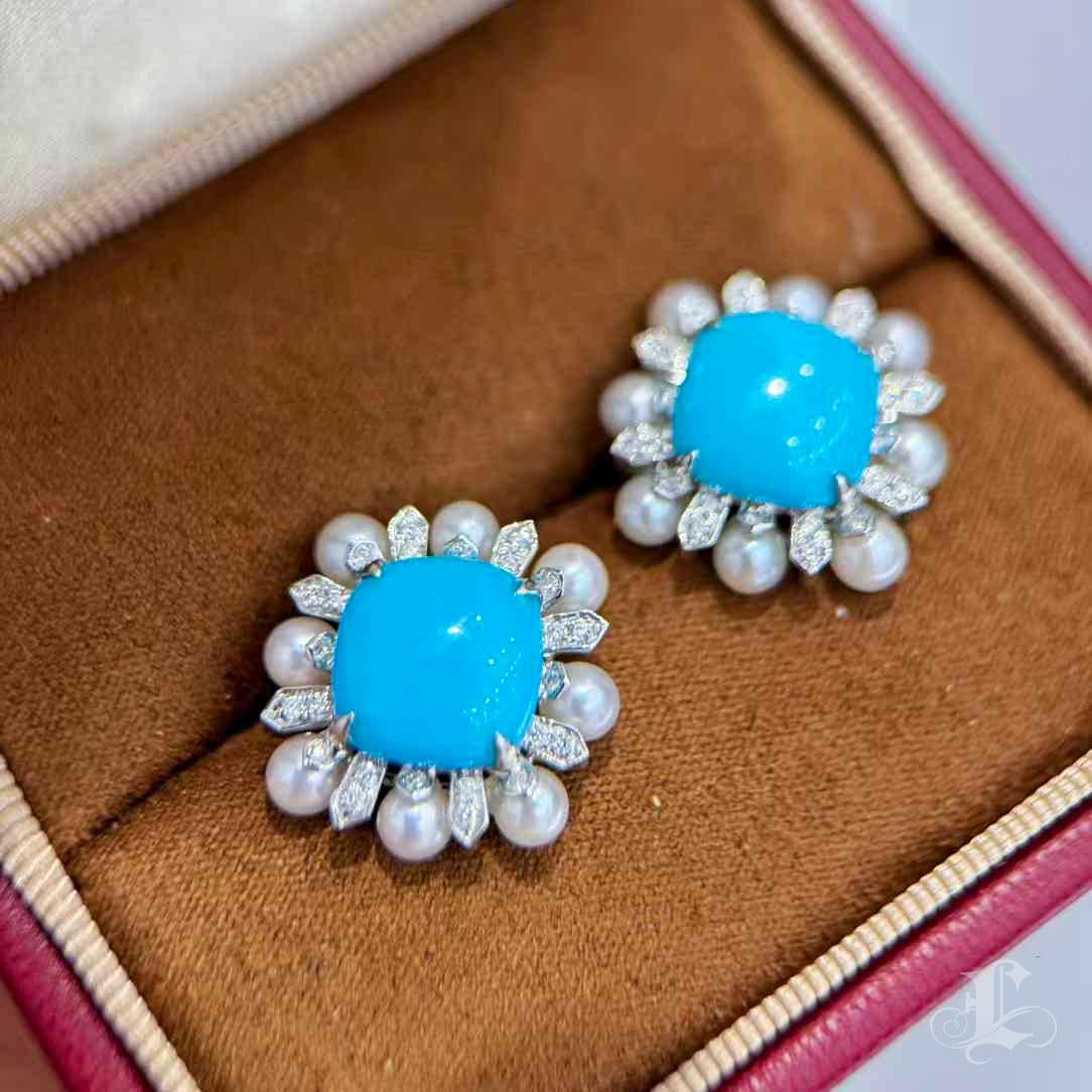 【Caelmare】Azure Bloom Türkis & Akoya Perlen Ohrstecker Damen im Angebot