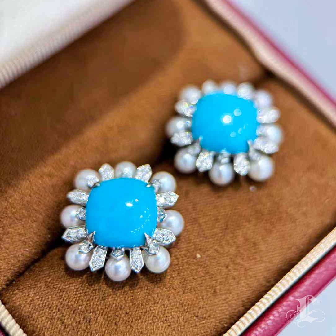 【Caelmare】Azure Bloom Türkis & Akoya Perlen Ohrstecker im Angebot 1