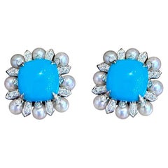 【Caelmare】Azure Bloom Turquoise & Akoya Pearl Stud Earrings