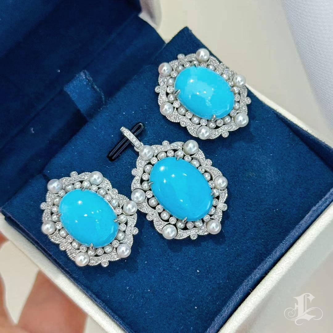 Uncut 【Caelmare】Azure Bloom Turquoise and Akoya Pearl Diamond Earrings and Pendant Set For Sale