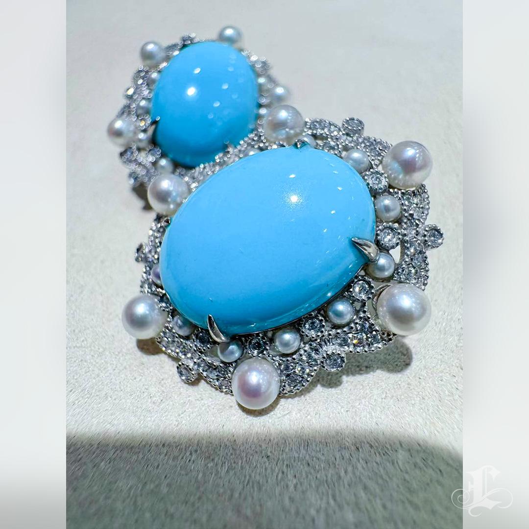 【Caelmare】Azure Bloom Turquoise and Akoya Pearl Diamond Earrings and Pendant Set For Sale 1