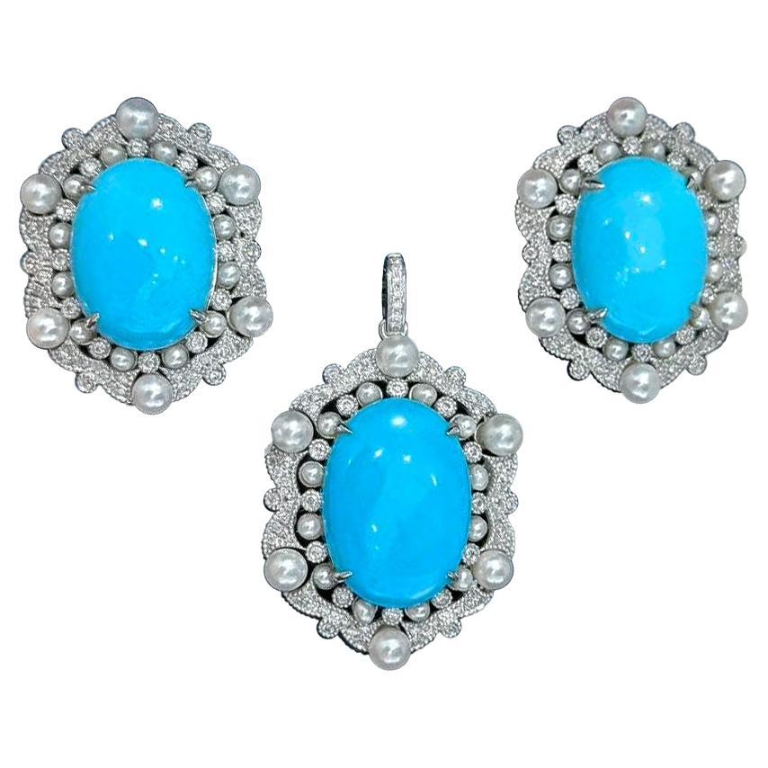 【Caelmare】Azure Bloom Turquoise and Akoya Pearl Diamond Earrings and Pendant Set For Sale