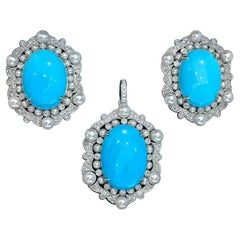 【Caelmare】Azure Bloom Turquoise and Akoya Pearl Diamond Earrings and Pendant Set